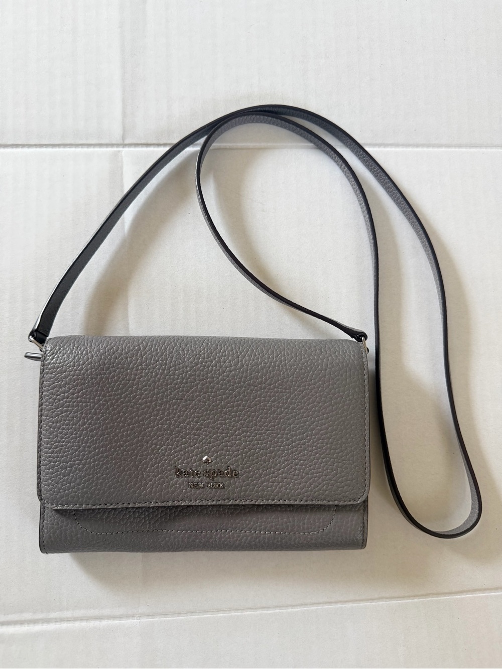 Kate Spade Harlow Wallet with String - Gray Pebbled Leather Crossbody Wallet